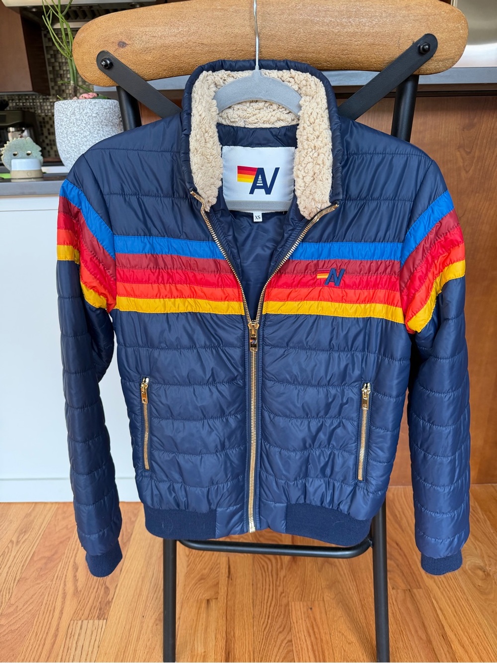 Aviator Nation NWOT Navy Puffer Jacket with Multi-Color Stripe - AV - Picture 5 of 7